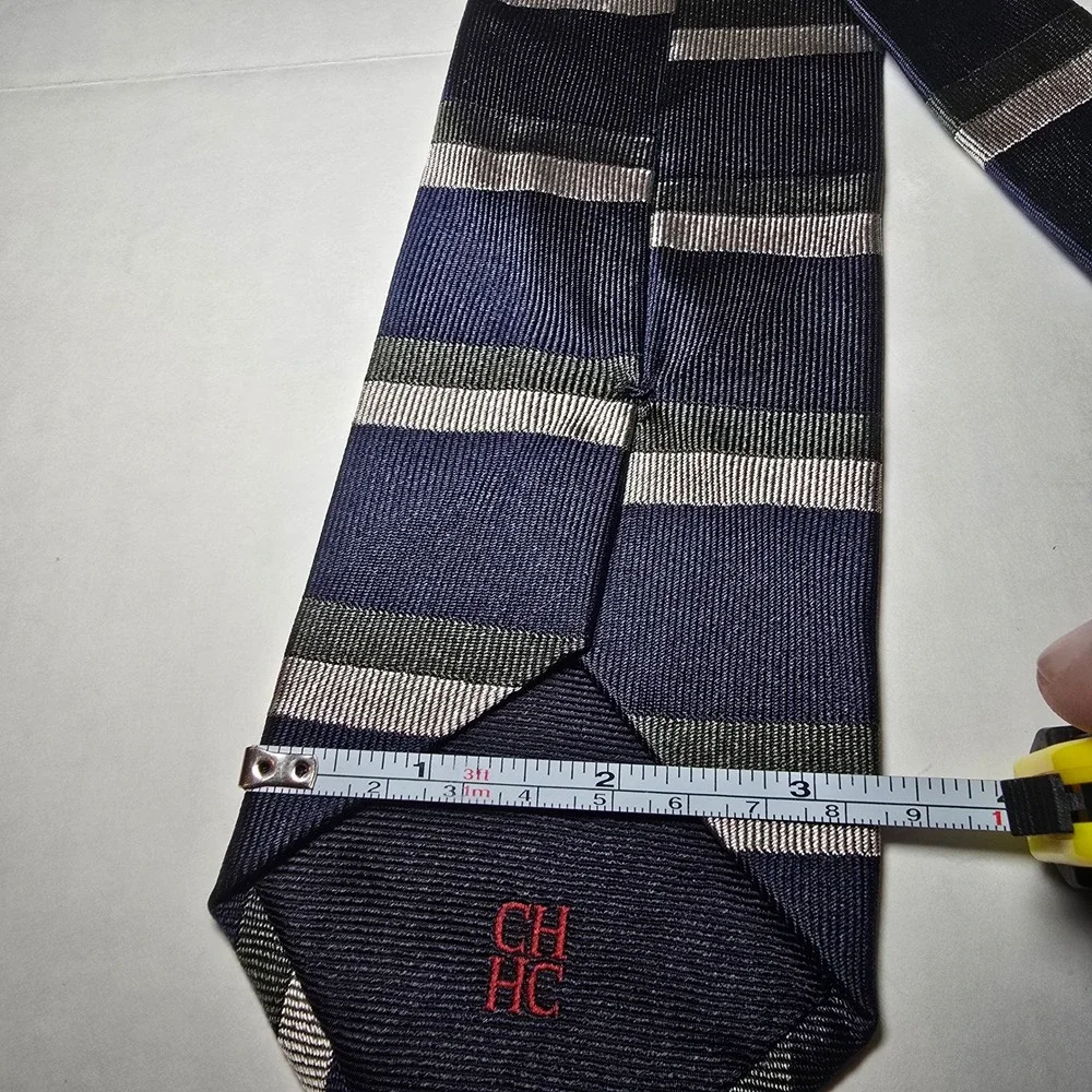 CH Carolina Herrera Mens Silk Striped Tie Navy Blue Silver Green Made in Italy